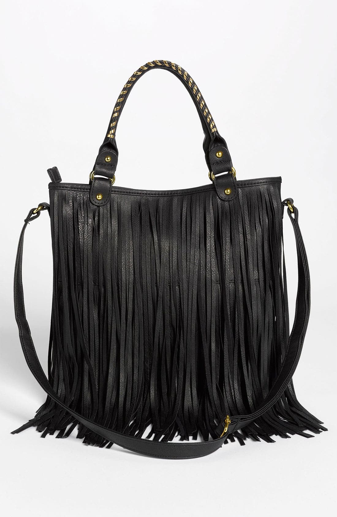 Faux Leather Fringe Hobo Bag, Alternate, color, BLACK/ GOLD
