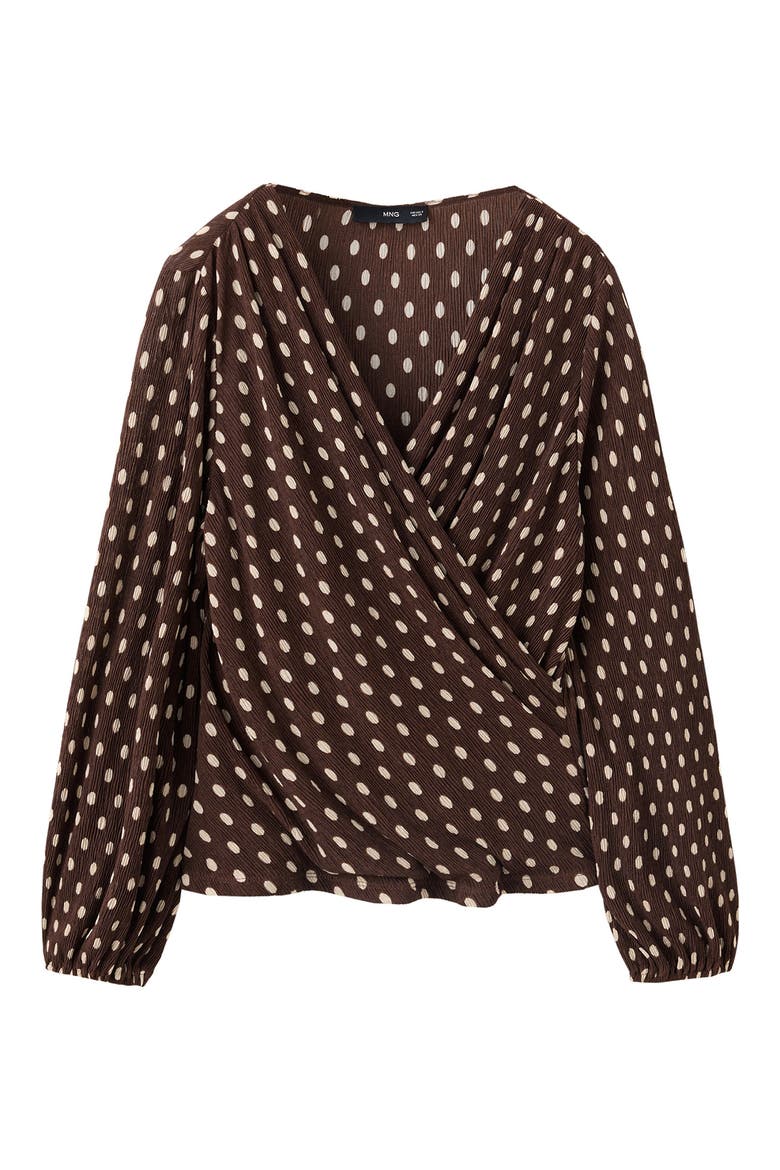 Dot Print Pleated Wrap Top, Main, color, BROWN