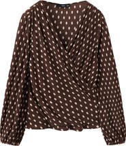 MANGO Dot Print Pleated Wrap Top