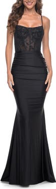 La Femme Ruched Jersey Dress with Illusion Corset Lace Top