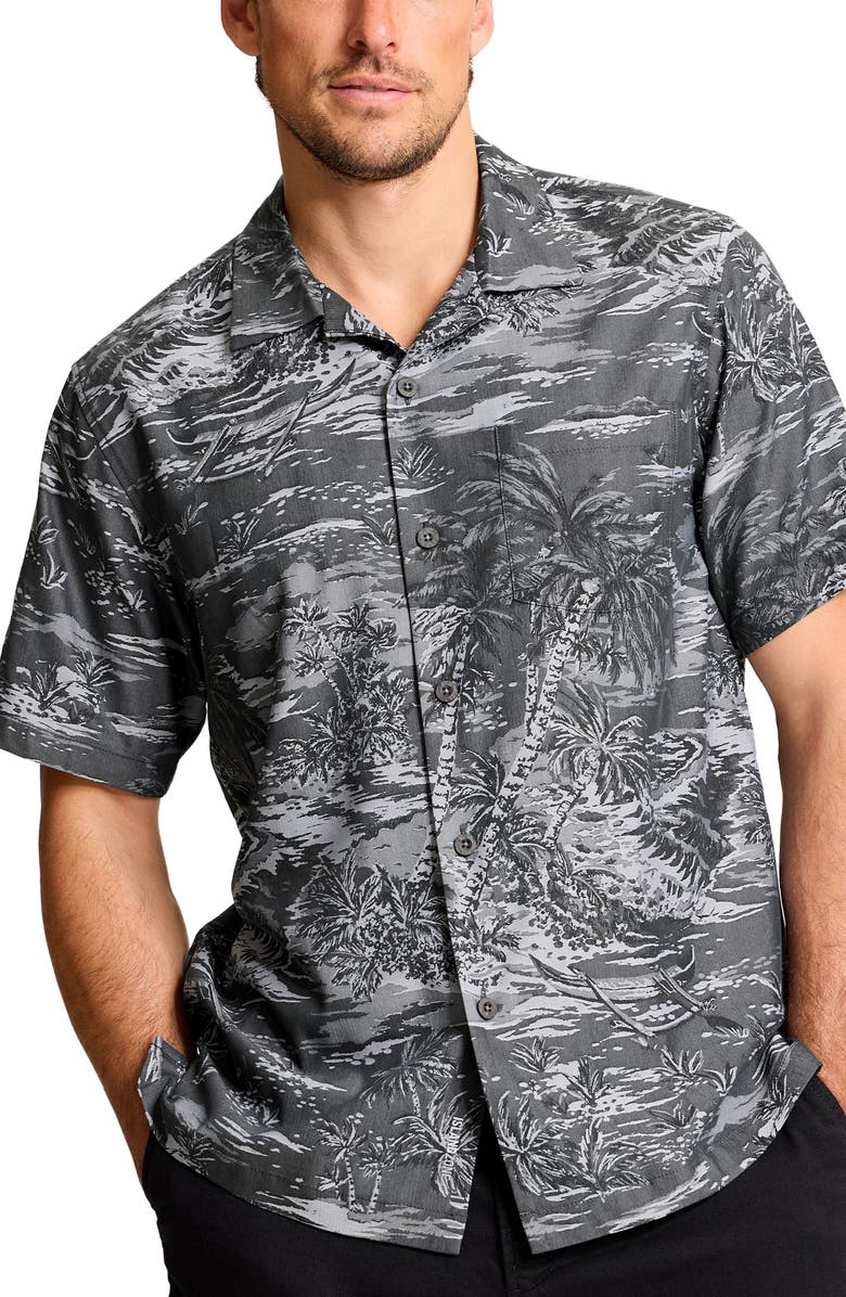 Tommy Bahama Coastal Ease IslandZone<sup>®</sup> Palms Print Camp Shirt, Main, color, Black