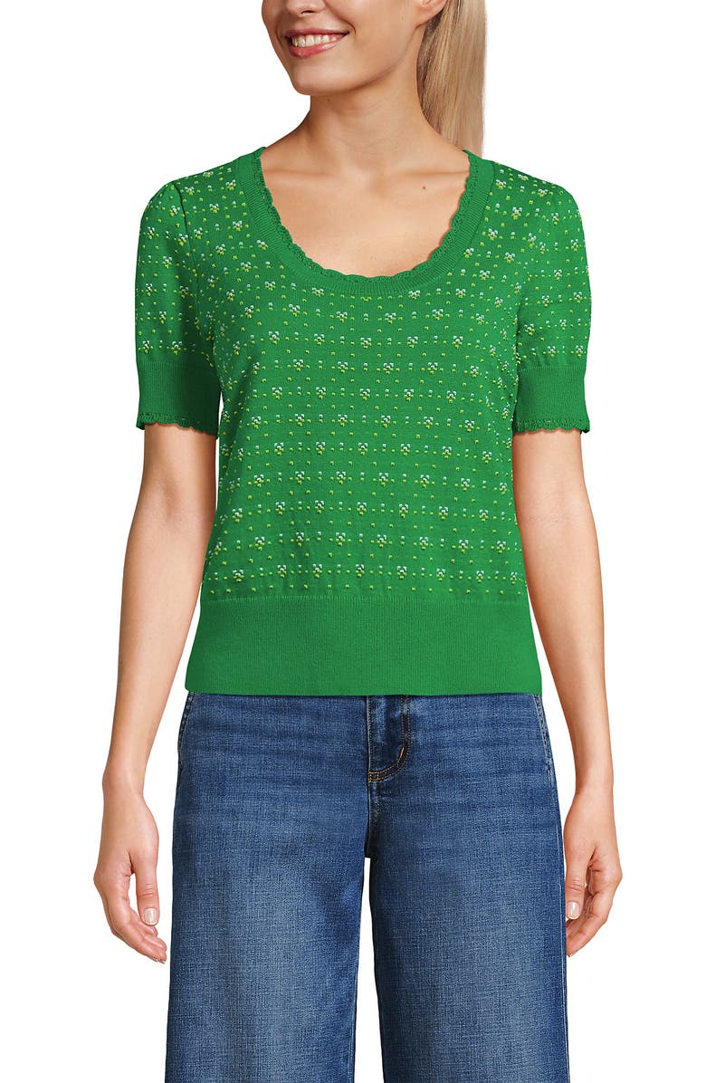 Lands' End Fine Gauge Cotton Jacquard Scoop Neck Sweater, Alternate, color, True Green Floral Jacquard