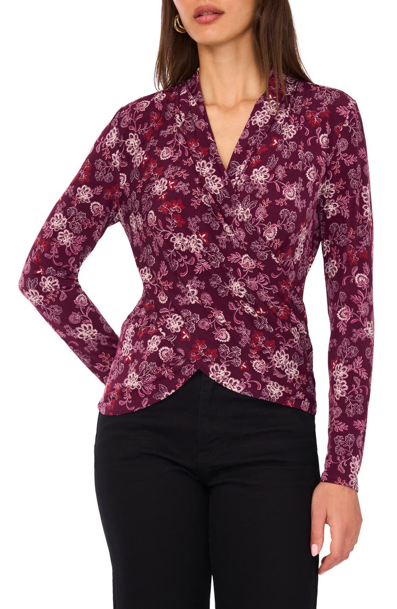 Vince Camuto Floral Wrap Front Long Sleeve Knit Top, Main, color, 