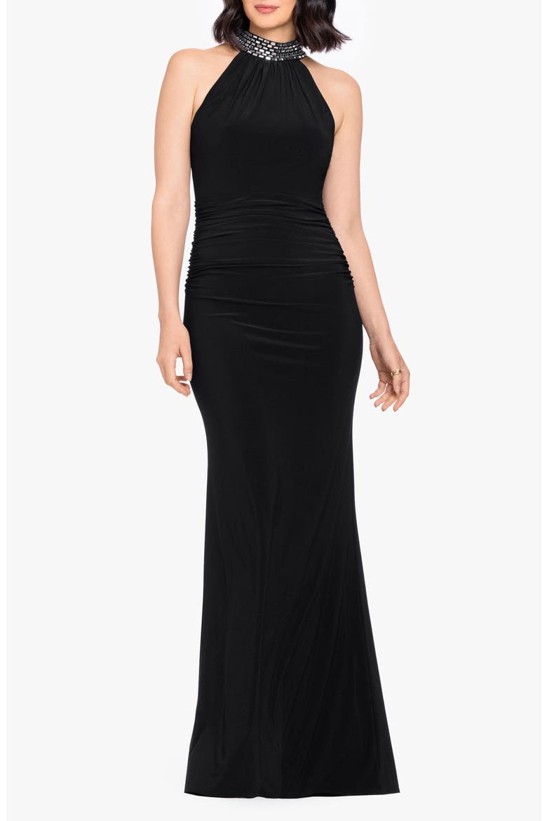 Beaded Mock Neck Column Gown, Main, color, BLACK/ SILVER