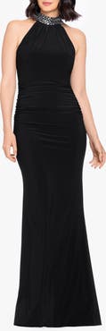 Betsy & Adam Beaded Mock Neck Column Gown