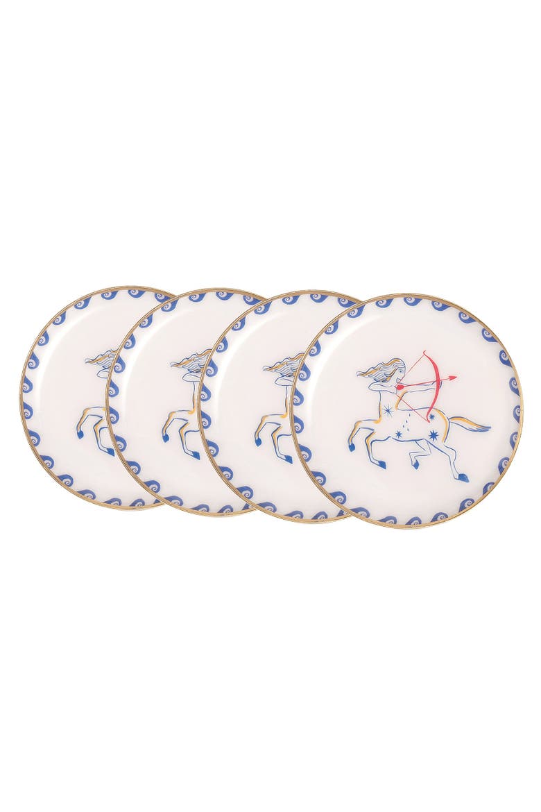 Agra Mythos Archer Patterned Round Metal Decorative Tray Set Of 4, Main, color, White