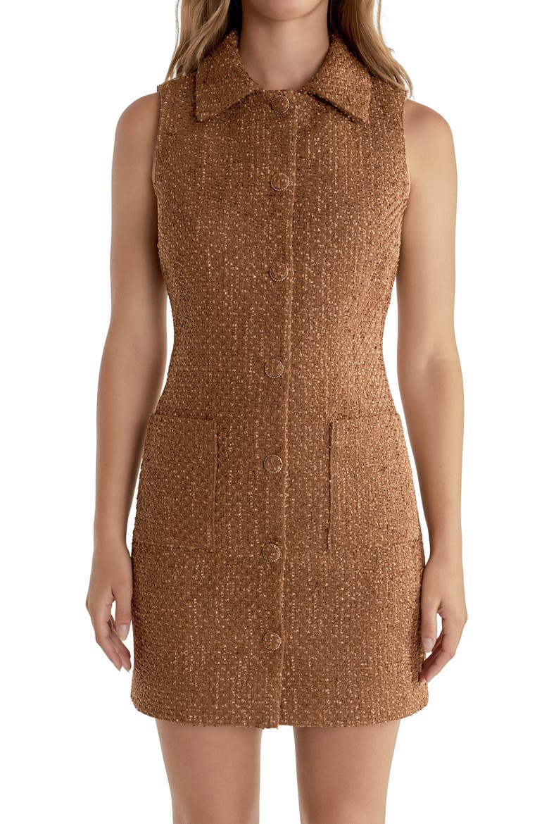 Button Front Tweed Minidress, Alternate, color, CAMEL