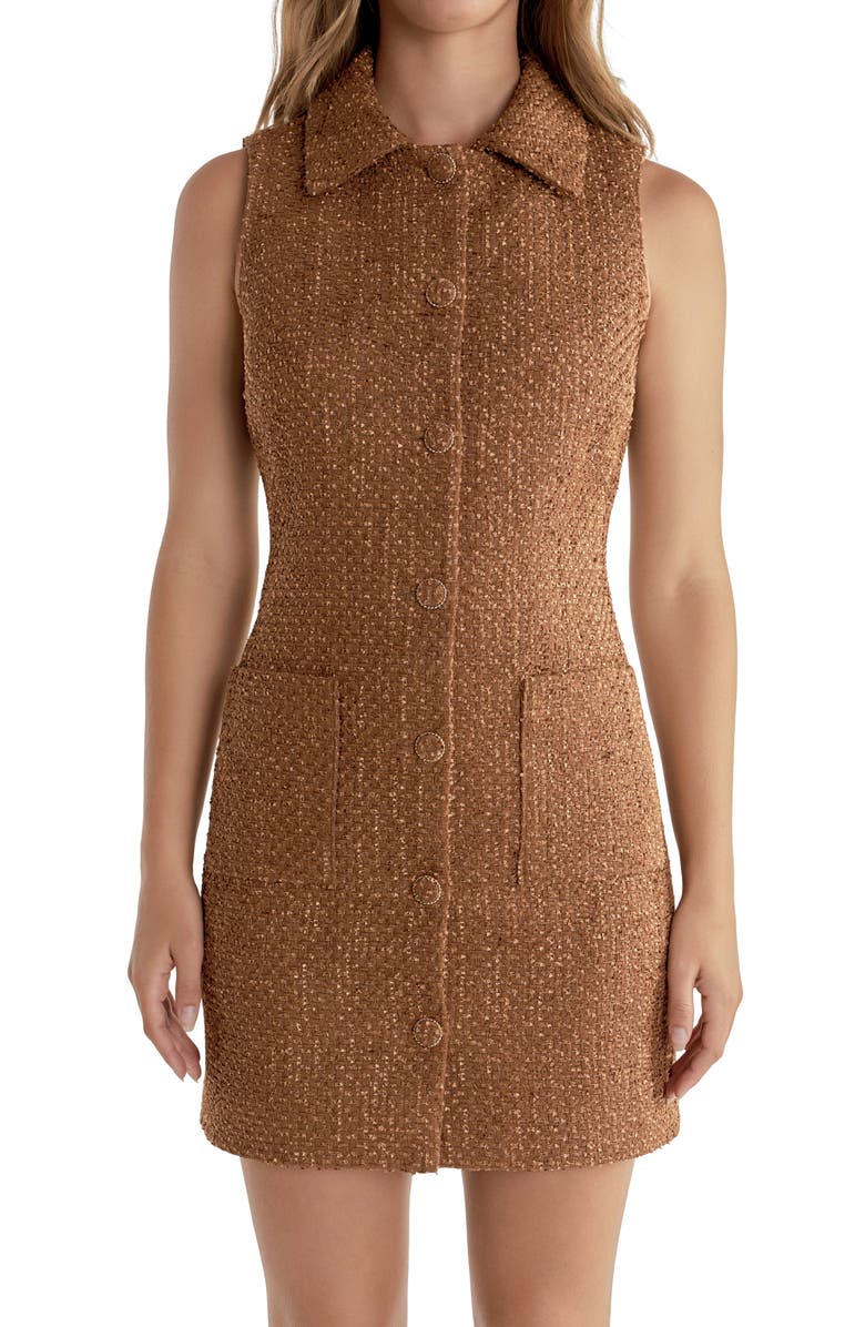 Endless Rose Button Front Tweed Minidress, Alternate, color, Camel
