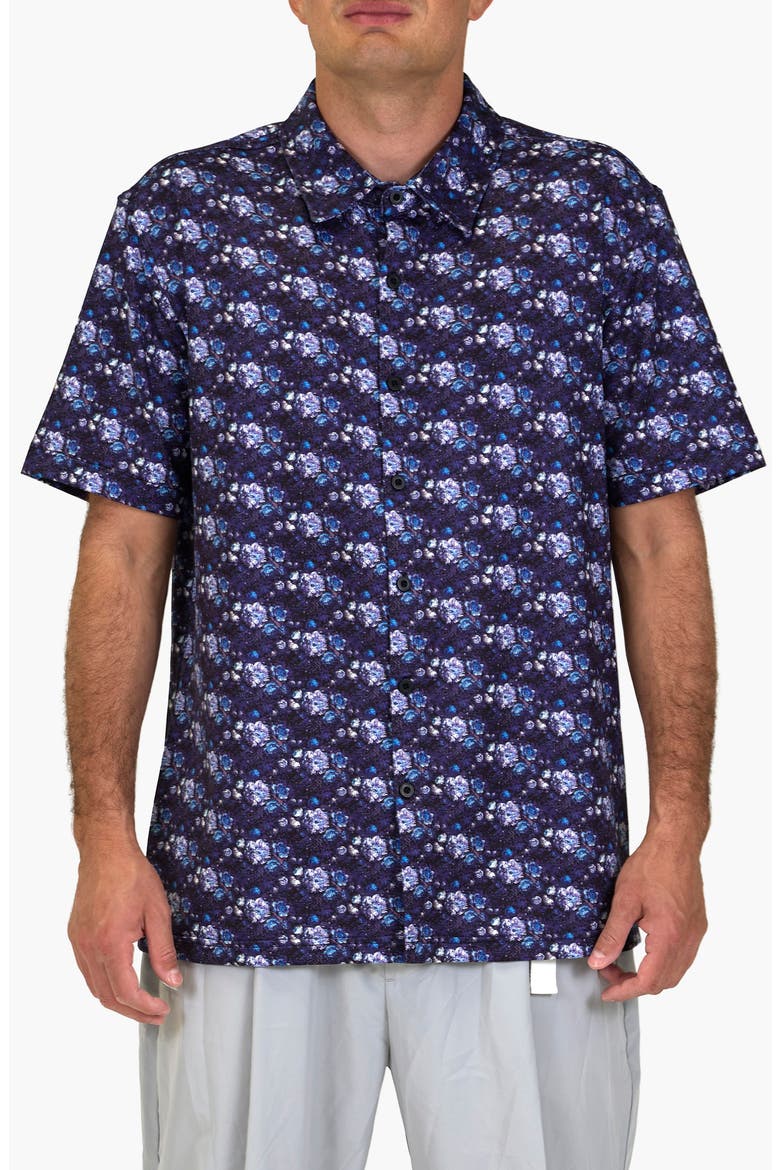 Digi Floral Aqua Terra Performance Short Sleeve Button-Up Shirt, Main, color, BLUE MULTI