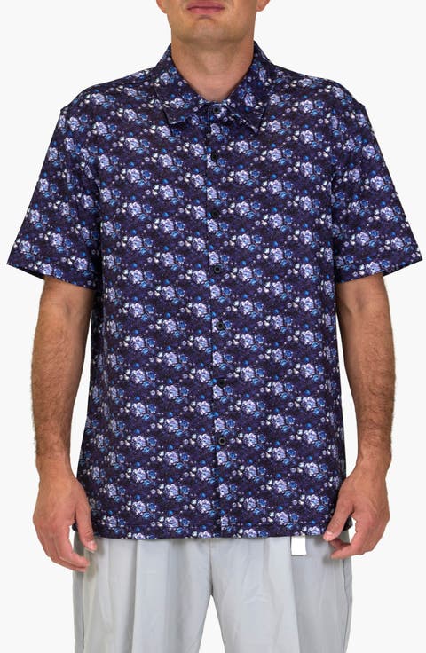 Digi Floral Aqua Terra Performance Short Sleeve Button-Up Shirt