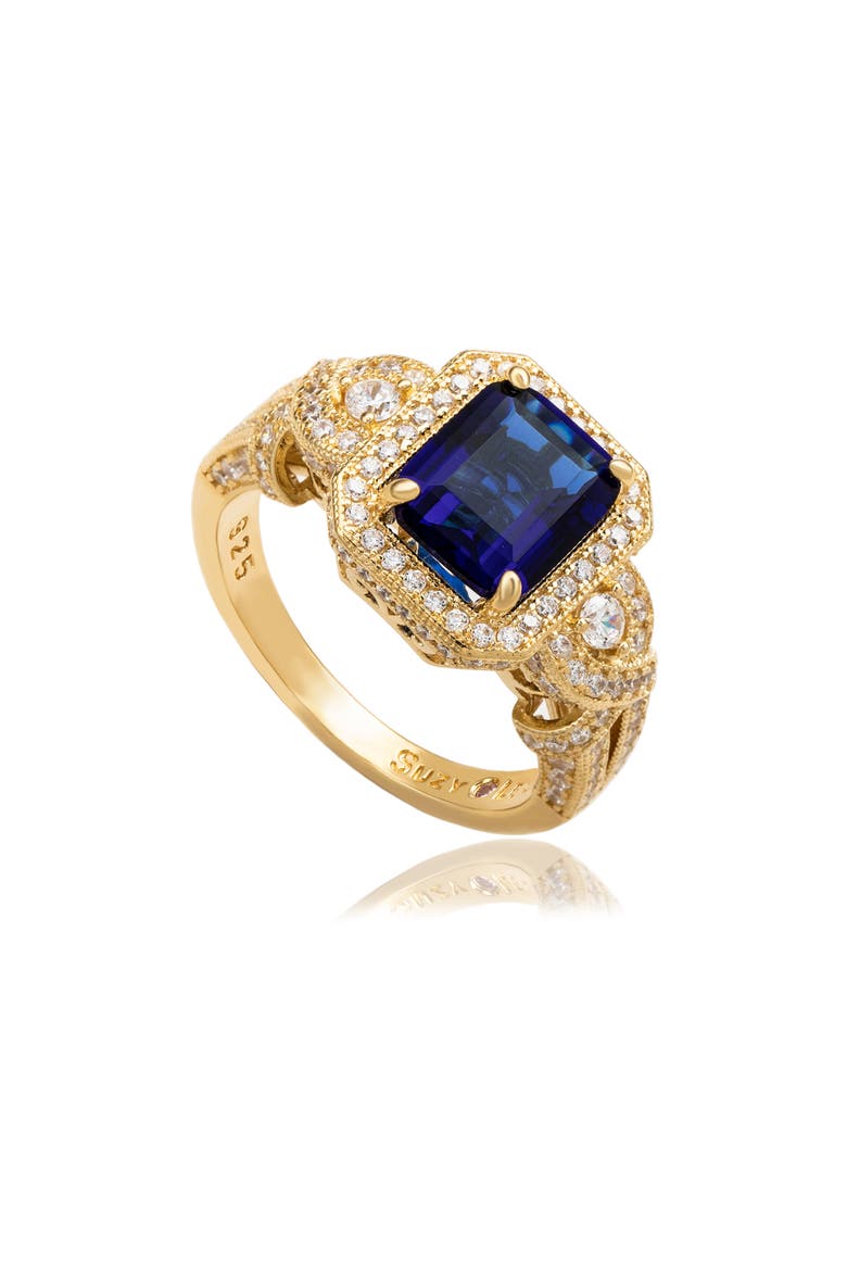 Emerald Cut Cubic Zirconia Halo Engagement Ring, Main, color, BLUE