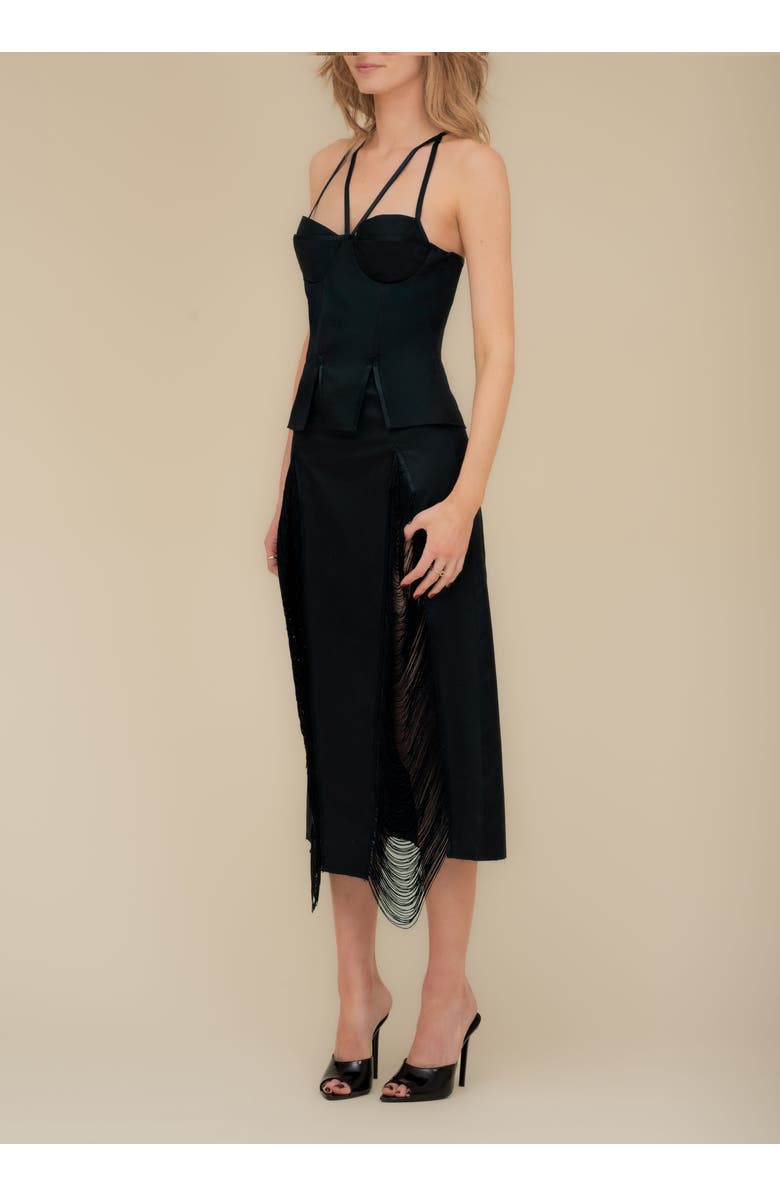 Contessa Mills Madeleine Soft Fringe-Trimmed Stretch Cotton Poplin Skirt, Alternate, color, Black