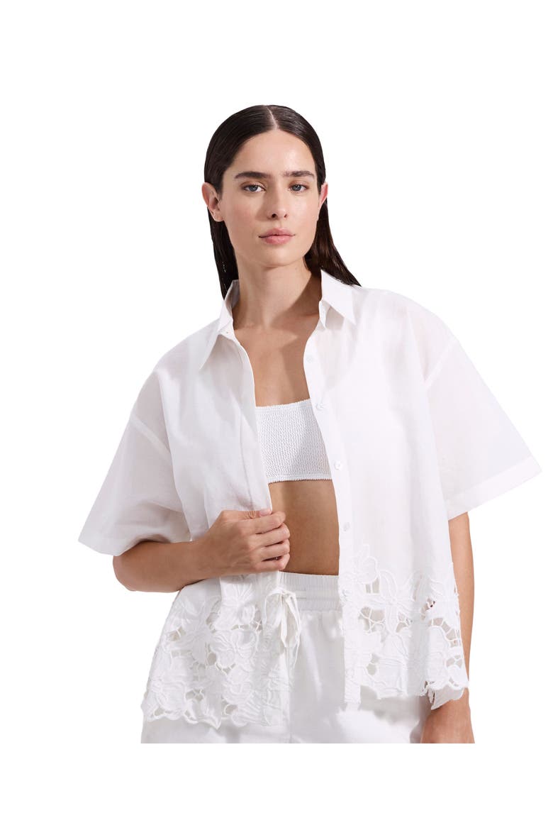 Amalfi Lace Short Sleeve Button Down Shirt Cover-Up, Main, color, White