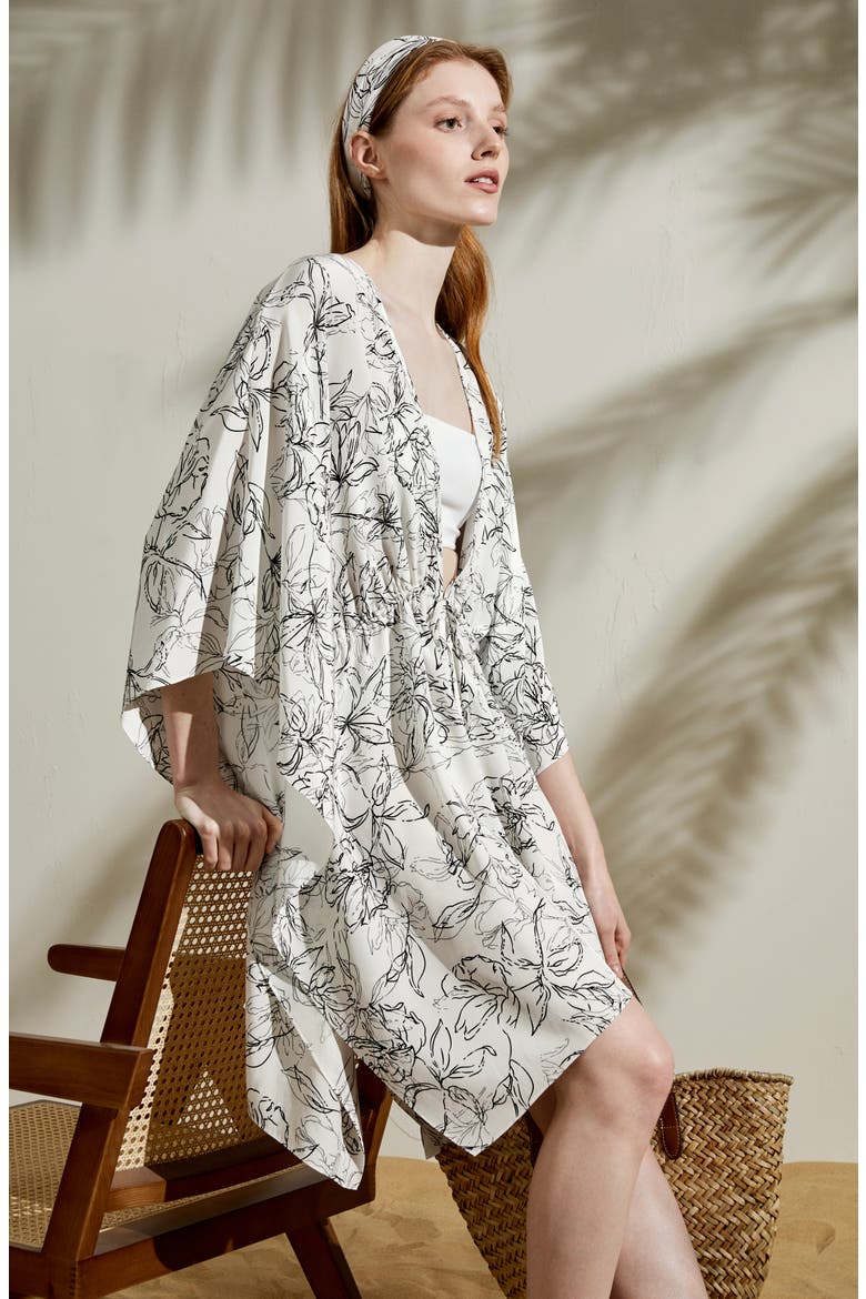 Women's Floral Sketch Silk Cardigan, Alternate, color, Black-White Floral Pattern