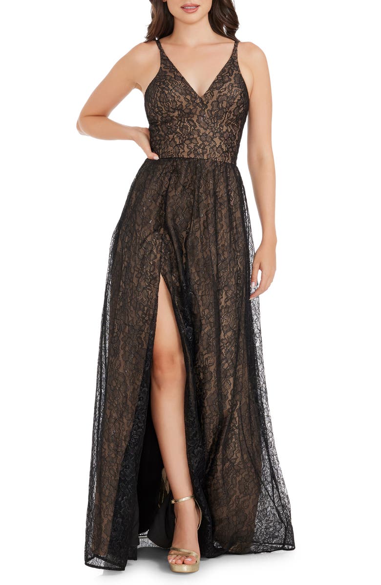 Dress the Population Danae Lace Gown, Main, color, Black- Beige