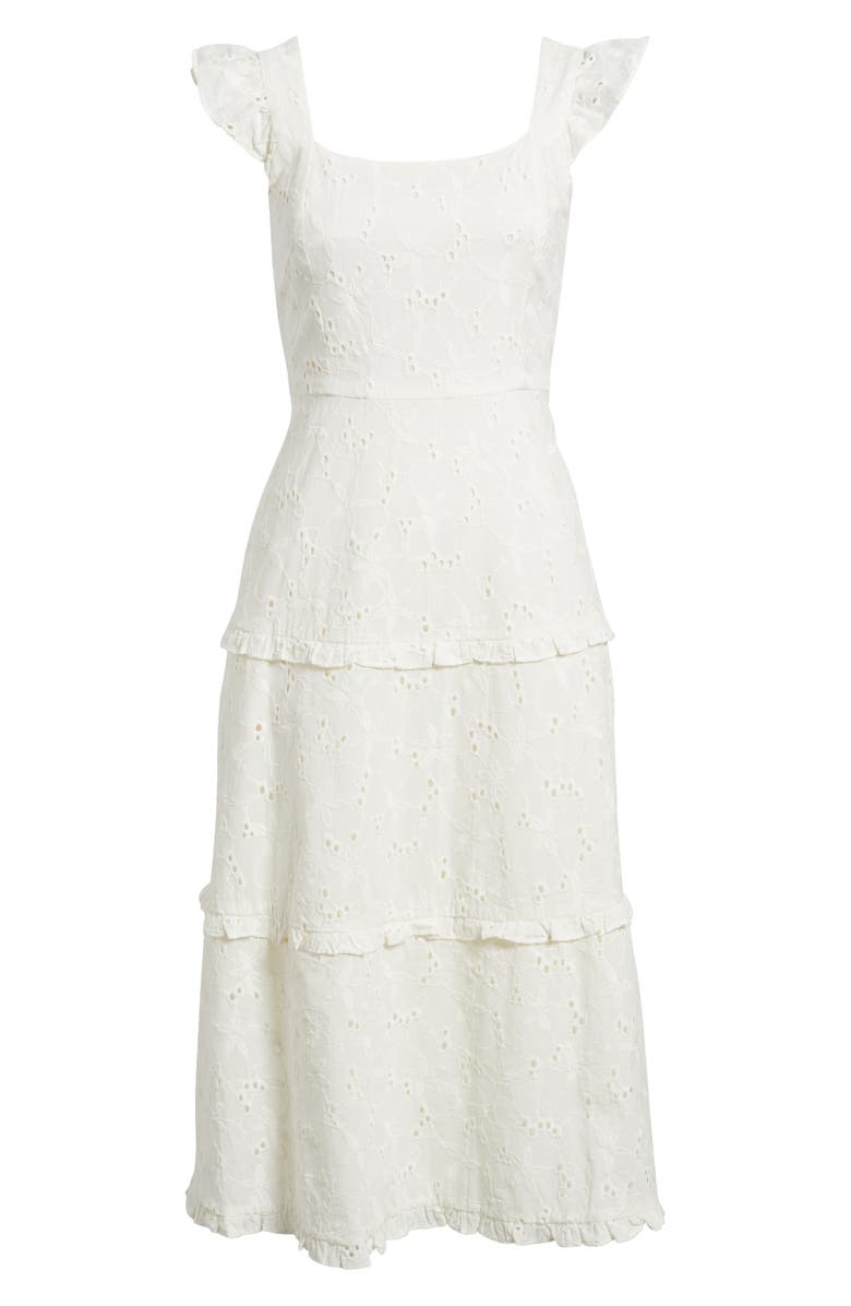 Anne Klein Embroidered Eyelet Cotton Tiered Midi Dress, Alternate, color, Pearl White