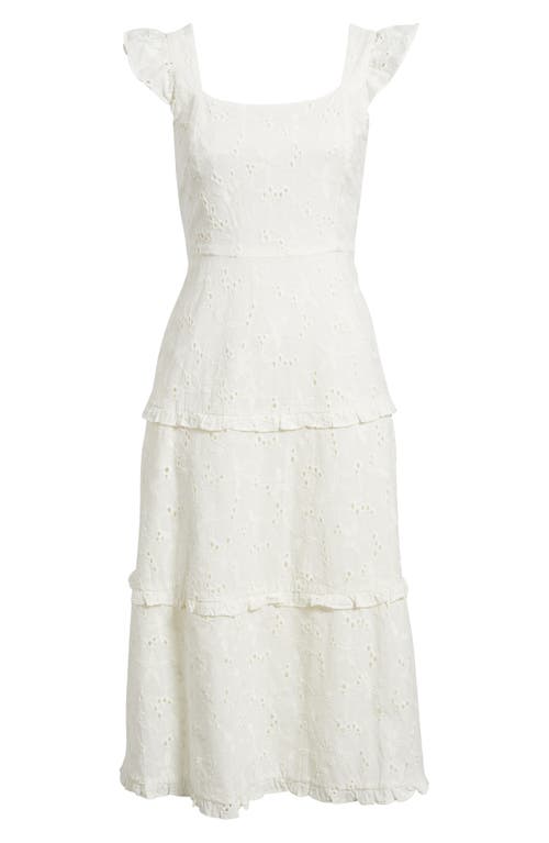 Anne Klein Embroidered Eyelet Cotton Tiered Midi Dress In Pearl White