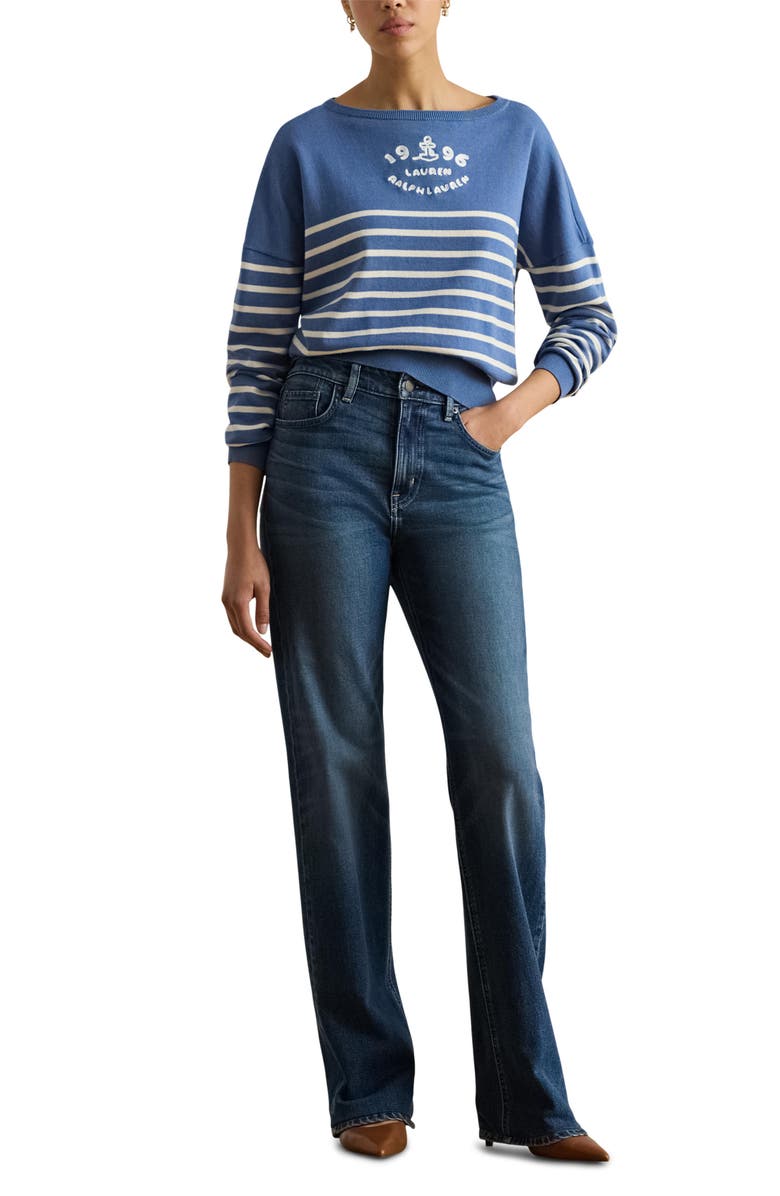Lauren Ralph Lauren Striped Combed Cotton Boat Neck Sweater, Alternate, color, Carson Blue/ Cream