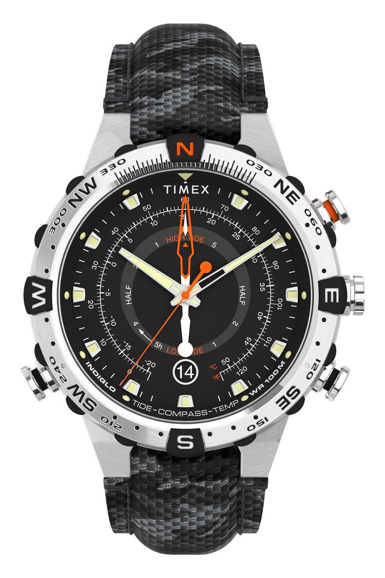 Expedition Tide Temp Compass Camo Strap Watch, 38mm, Main, color, SILVER/ BLACK/ CAMO