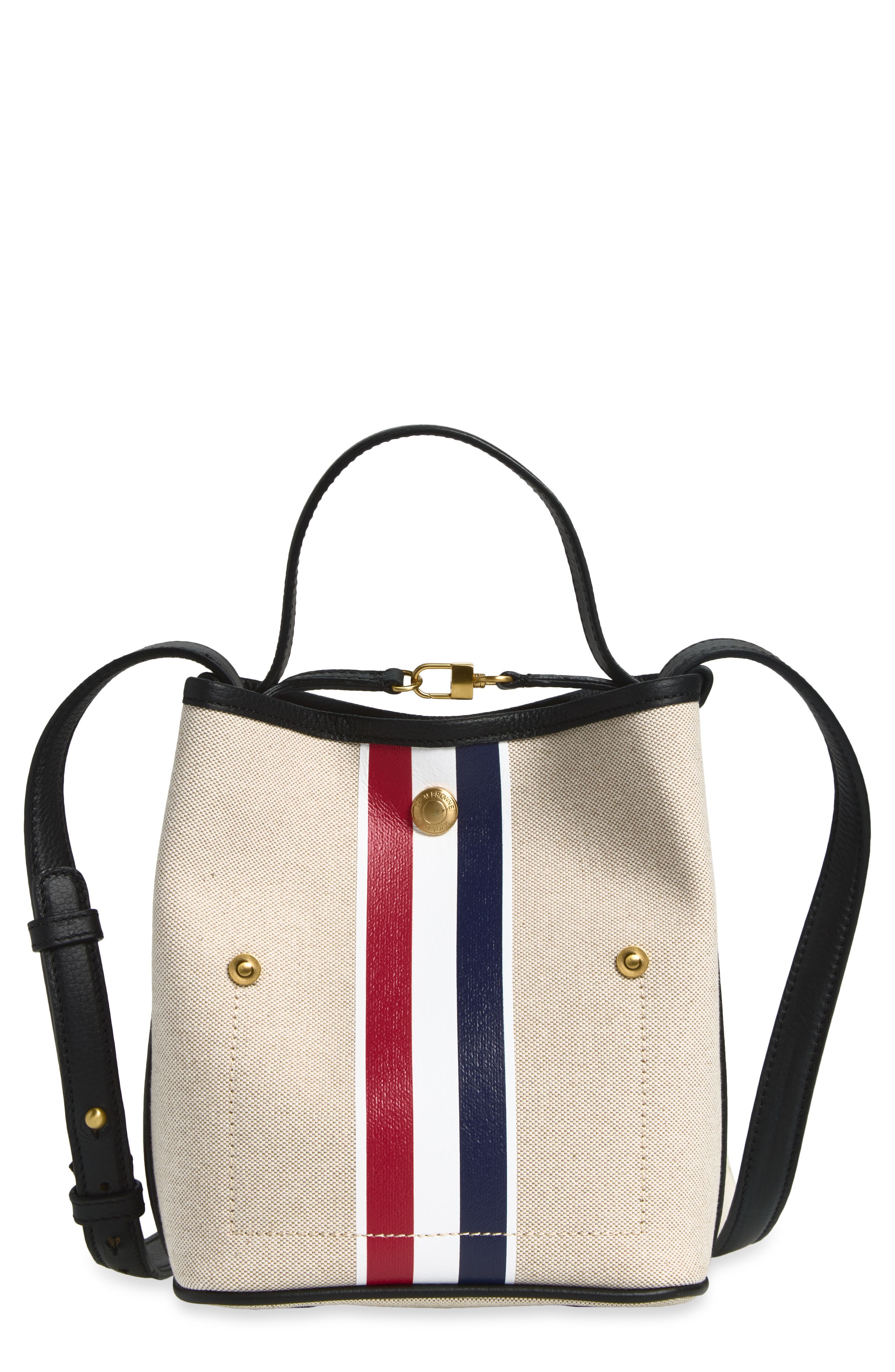 Stripe Cotton Canvas Bucket Bag, Main, color, BLACK