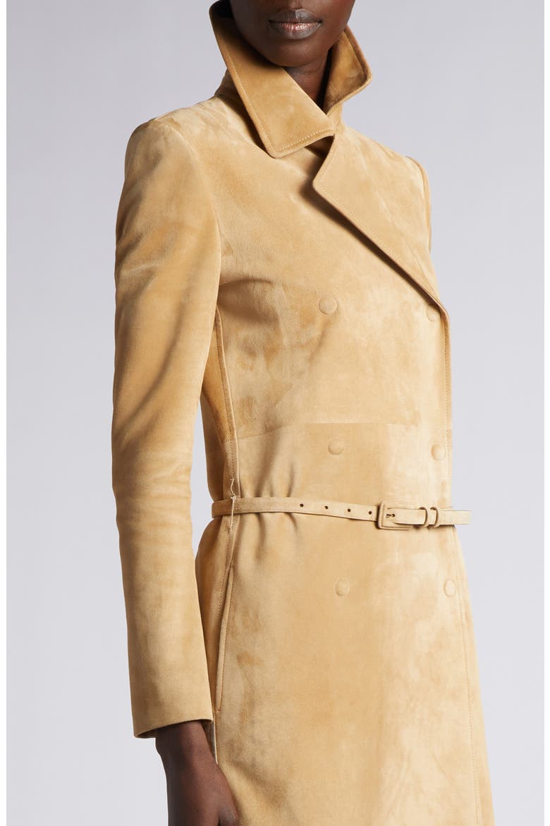 Double Breasted Lambskin Suede Trench Coat, Alternate, color, WARM SAND