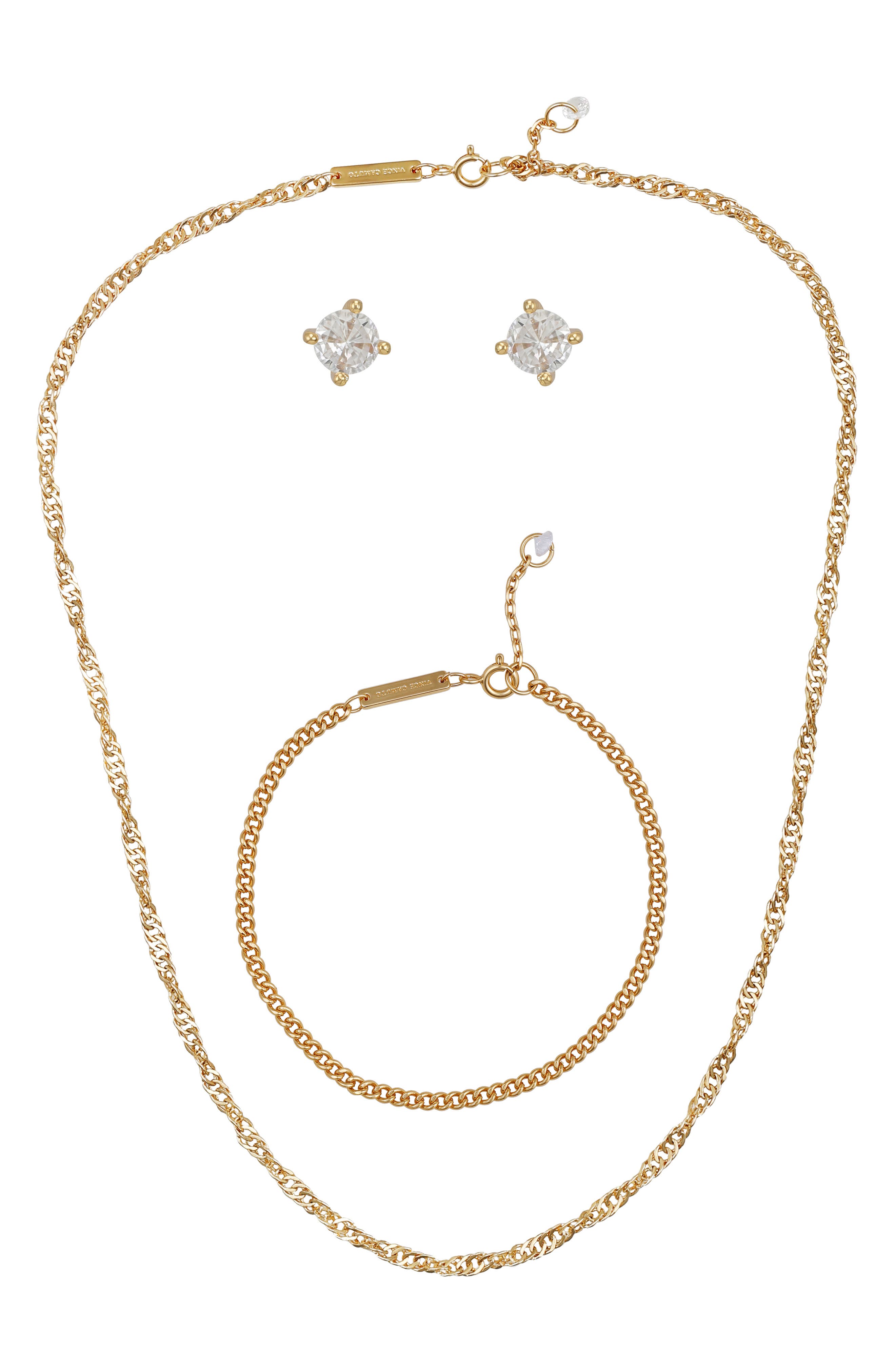 Vince Camuto Curb Chain Necklace, Bracelet & Cubic Zirconia Stud Earrings Set