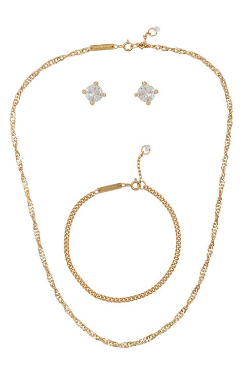 Curb Chain Necklace, Bracelet & Cubic Zirconia Stud Earrings Set