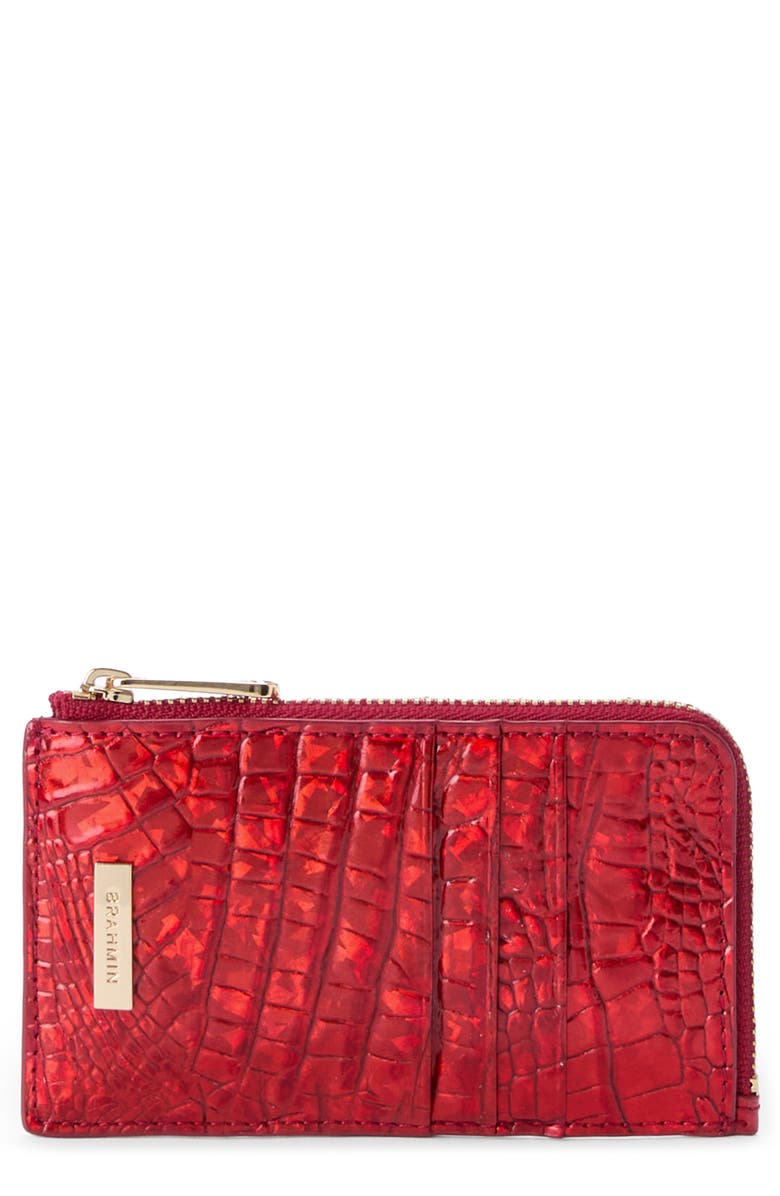 Brahmin Lennon Croc Embossed Leather Card Case, Main, color, Red Opal