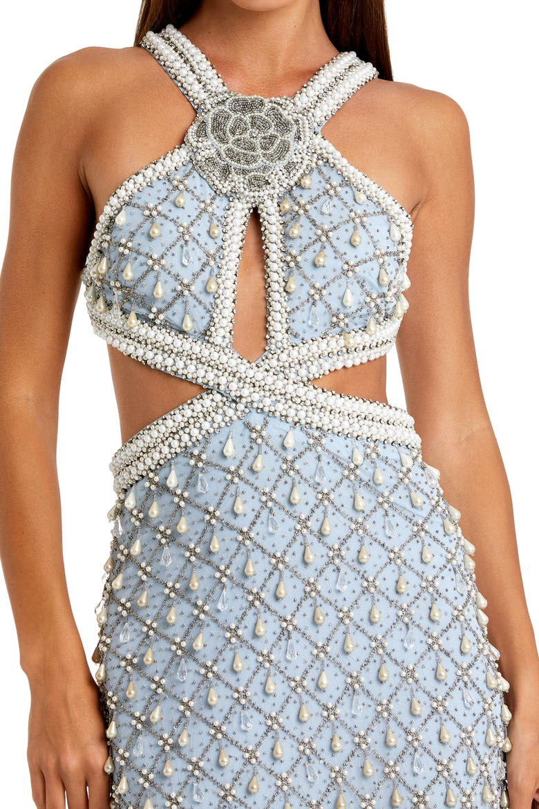 Blue Sleeveless Halter Cutout Pearl Embellished Gown, Alternate, color, Vintage Blue