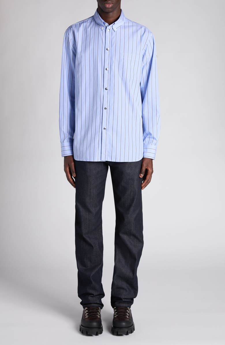 Moncler Logo Patch Stripe Cotton Poplin Button-Down Shirt, Alternate, color, Light Blue