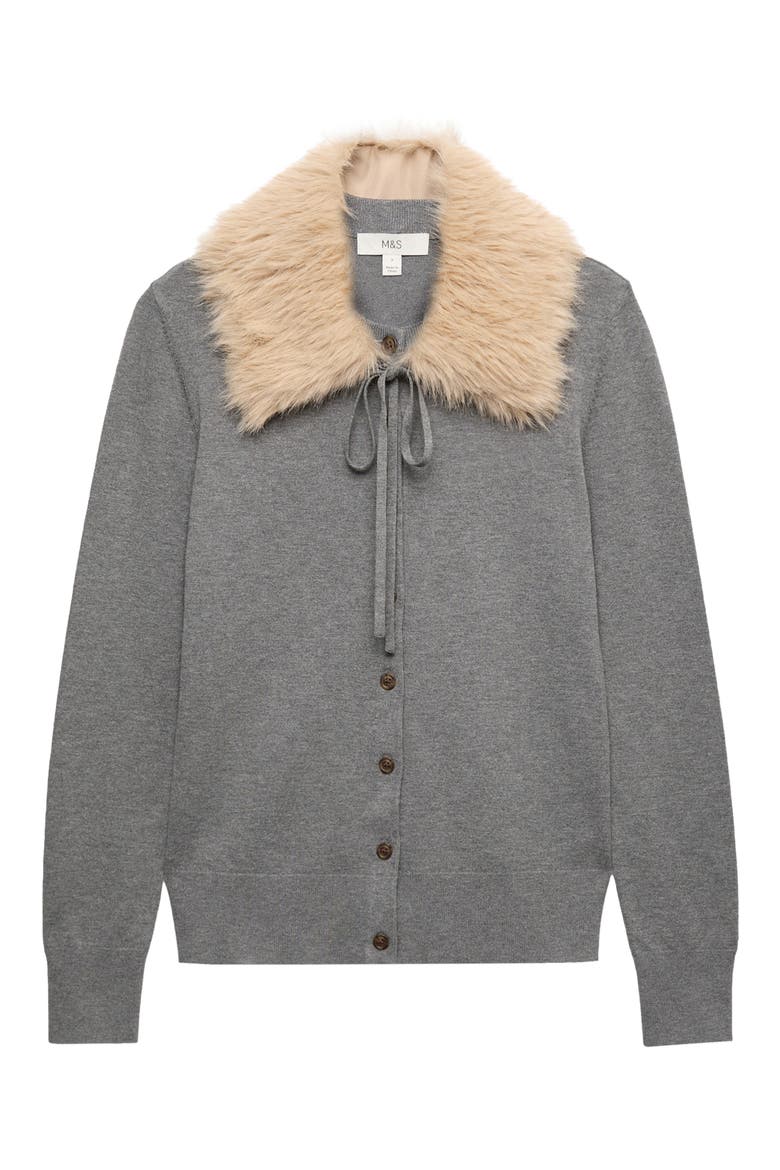 Faux Fur Collar Cardigan, Alternate, color, MEDIUM GREY MARL