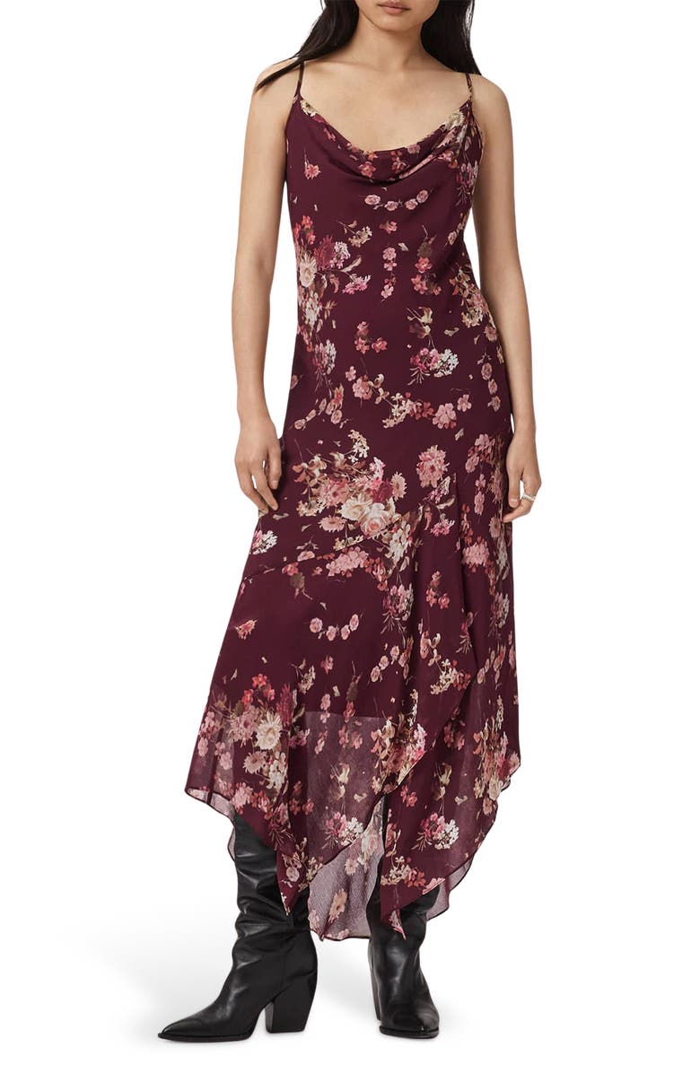 AllSaints Charlotte Floral Handkerchief Hem Midi Dress, Main, color, Armada Wine Red
