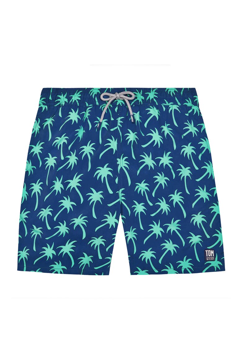 Palm Print Swim Trunks, Main, color, NAVY/ SPRING GREEN