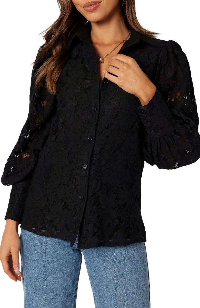 Petal & Pup Tadeo Floral Lace Button-Up Shirt, Alternate, color, Black