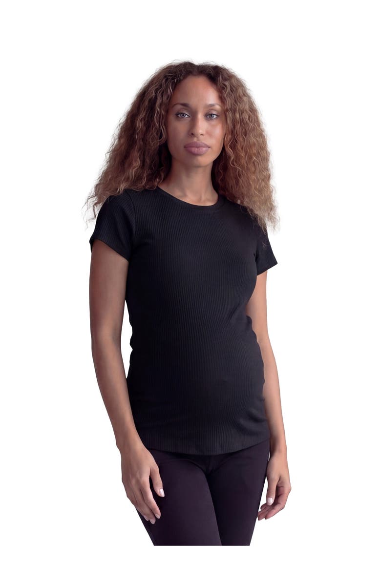 24seven Comfort Apparel Maternity Basic Ribbed Knit Round Neck Short Sleeve Top, Main, color, Black