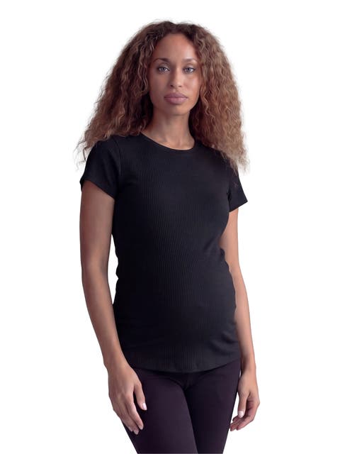 Maternity Basic Ribbed Knit Round Neck Short Sleeve Top