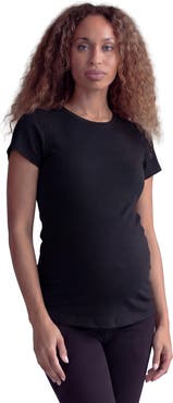 24seven Comfort Apparel Maternity Basic Ribbed Knit Round Neck Short Sleeve Top