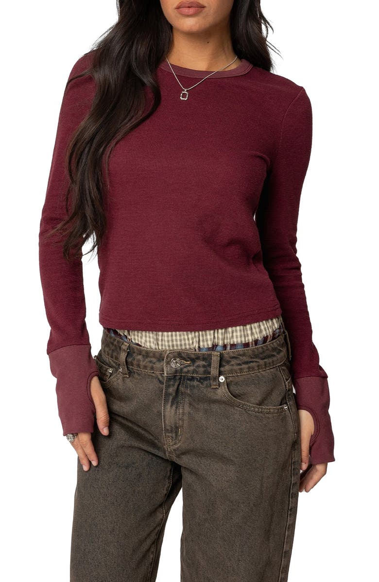 EDIKTED Waffle Long Sleeve T-Shirt, Main, color, Burgundy
