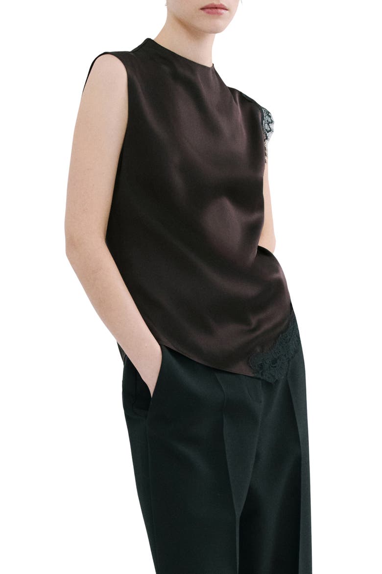 Lace Trim Asymmetric Satin Top, Alternate, color, BROWN