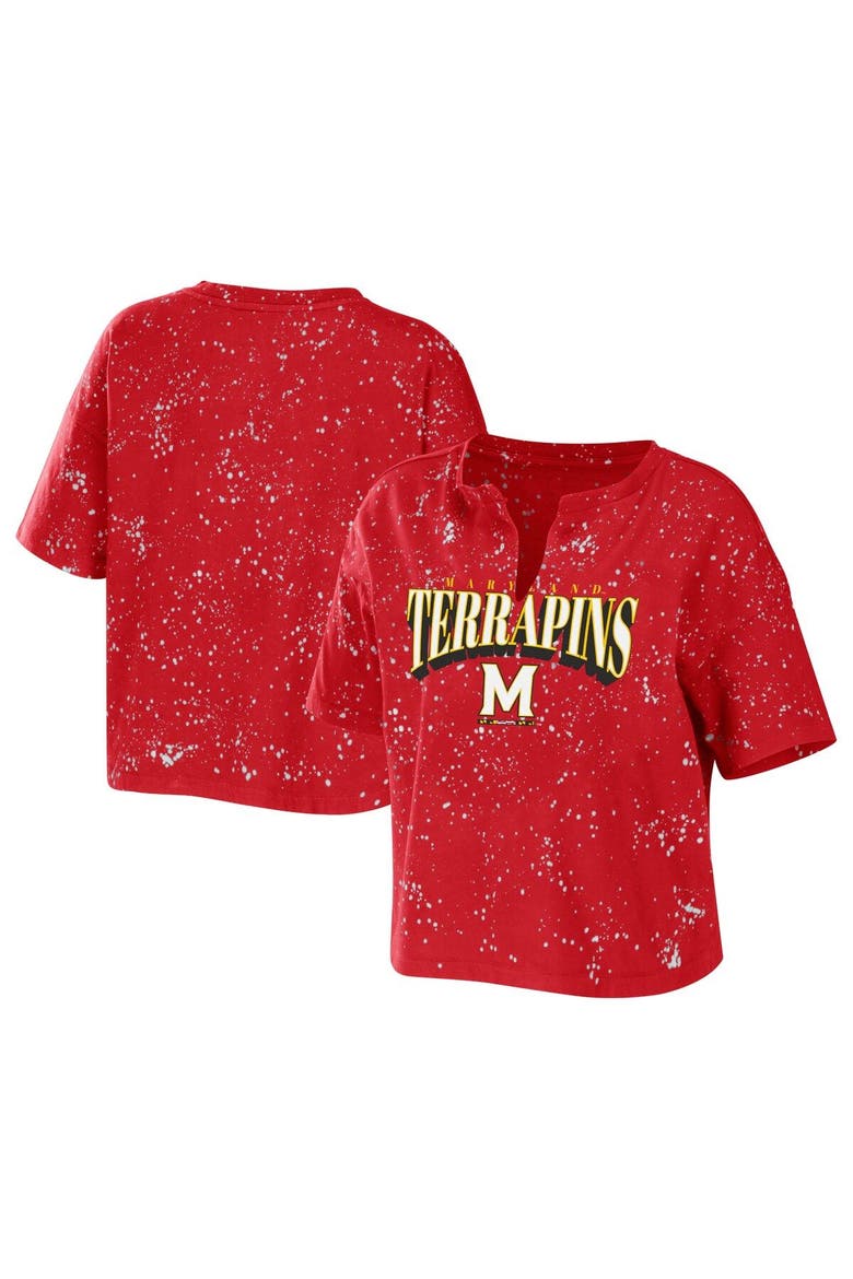 Women's WEAR by Erin Andrews Red Maryland Terrapins Bleach Wash Splatter Cropped Notch Neck T-Shirt, Main, color, Red