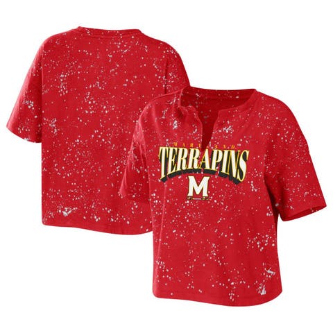 Women
s WEAR by Erin Andrews Red Maryland Terrapins Bleach Wash Splatter Cropped Notch Neck T-Shirt