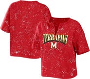 WEAR by Erin Andrews Women's WEAR by Erin Andrews Red Maryland Terrapins Bleach Wash Splatter Cropped Notch Neck T-Shirt