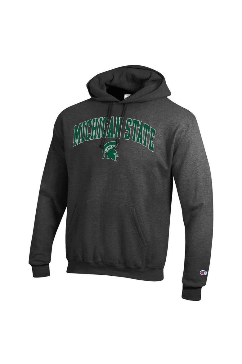 Men's Champion  Heather Charcoal Michigan State Spartans Arch Over Logo Pullover Hoodie, Alternate, color, Heather Charcoal