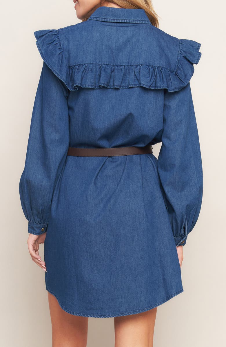 FLYING TOMATO Ruffle Long Sleeve Belted Denim Shirtdress, Alternate, color, Medium Indigo