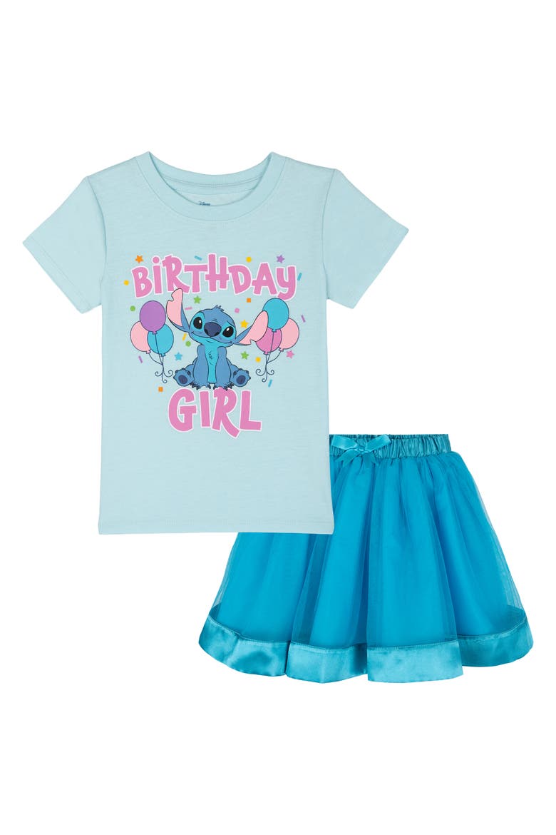 Lilo & Stitch 2-Piece Short Sleeve T-Shirt and Skirt Set, Main, color, Blue Atoll Stitch