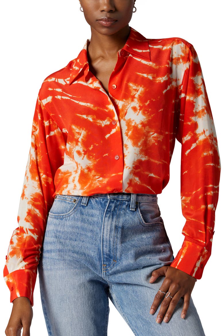 Essential Tie Dye Silk Shirt, Main, color, FIERY RED MULTI
