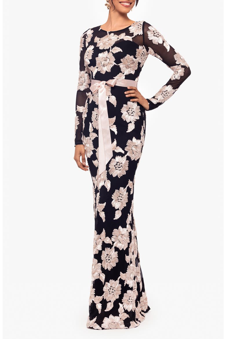 Floral Appliqué Long Sleeve Dress, Alternate, color, BLACK/ CHAMPAGNE