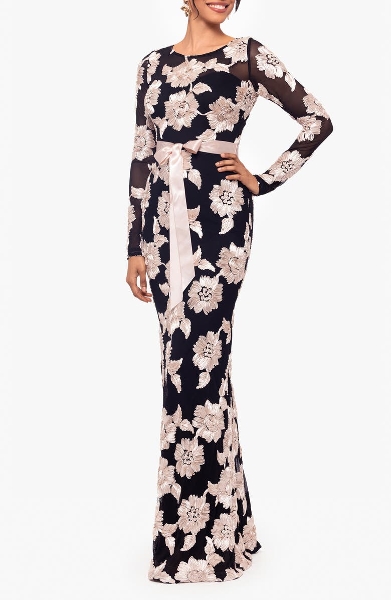 Betsy & Adam Floral Appliqué Long Sleeve Dress, Alternate, color, Black/ Champagne
