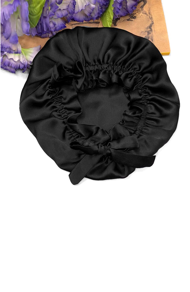 SILKSILKY Pure Silk Double Layer Bonnet with Ribbon, Alternate, color, Black