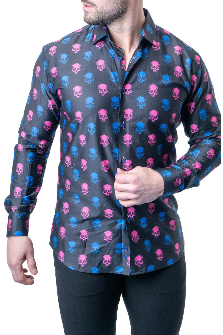 Fibonacci Skull Print Contemporary Fit Button-Up Shirt, Main, color, BLACK